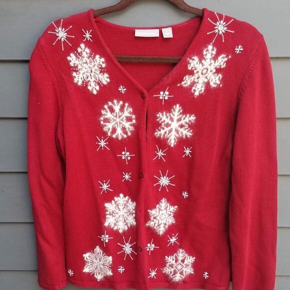 Nordstrom Red/White Beaded Snowflake Cardigan Sweater - Picture 4 of 7